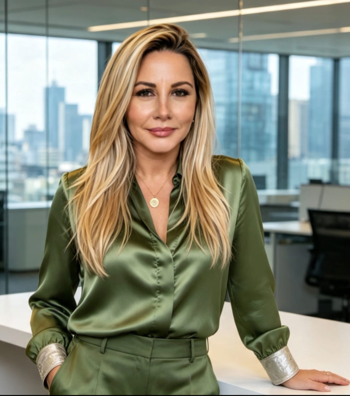 Renata Cruz sentada em uma poltrona